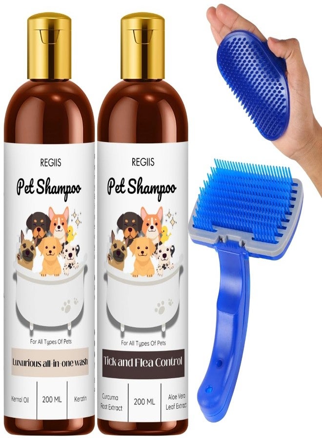 REGIIS Pet Shampoo and Grooming Kit, All-in-One Wash with Tick and Flea Control, 200 ML Bottles with Silicone Brush, Kernal Oil, Keratin Root Extract(Pack of 4) - Image 1